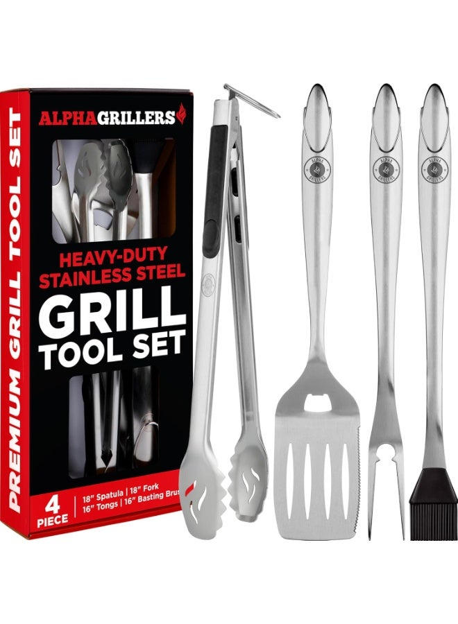 Alpha Grillers Grilling Accessories - Grilling Gifts for Men - BBQ Accessories Grill Tools Set with Spatula, Fork, Brush & Tongs - Outdoor Barbecue Utensils Gifts for Men Dad Him Boyfriend